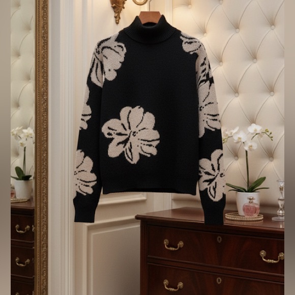 Black Floral Turtleneck Sweater | Alice + Olivia - Picture 3 of 5